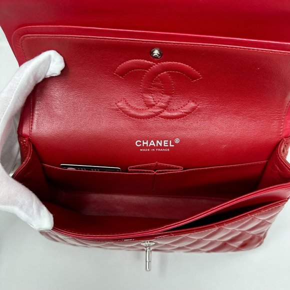 CHANEL Cherry Red Patent Leather Medium Classic Double Flap SHW - Picture 7 of 12